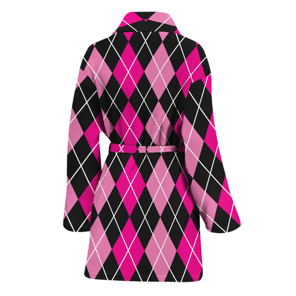Deep Pink And Black Argyle Pattern Print Women's Bathrobe