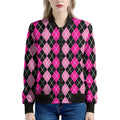 Deep Pink And Black Argyle Pattern Print Women's Bomber Jacket