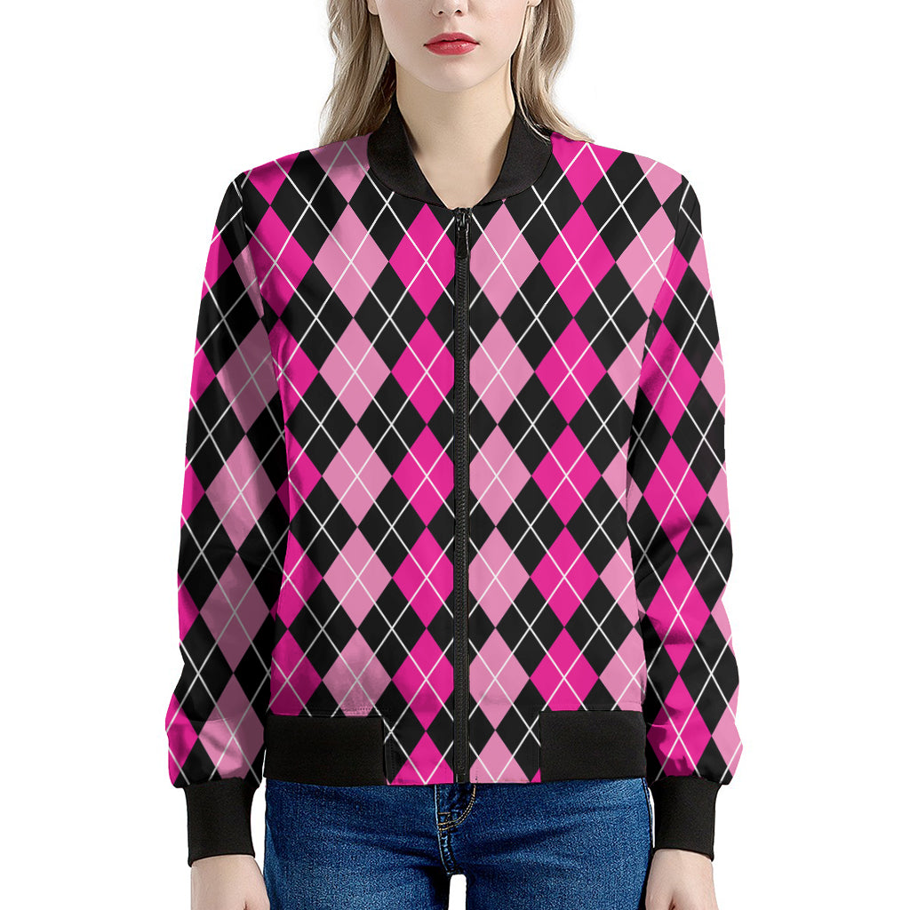 Deep Pink And Black Argyle Pattern Print Women's Bomber Jacket