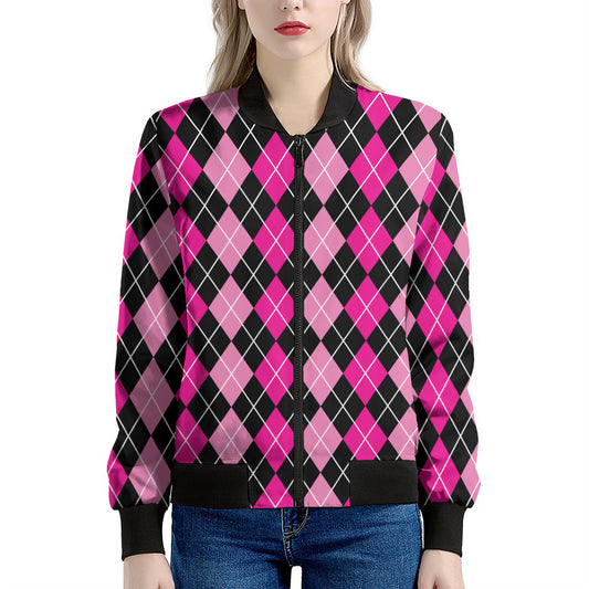 Deep Pink And Black Argyle Pattern Print Women's Bomber Jacket