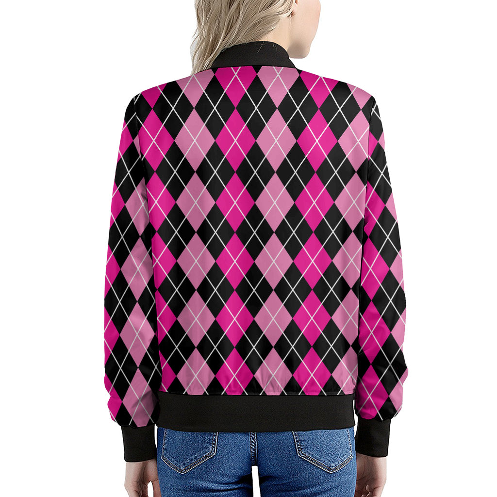 Deep Pink And Black Argyle Pattern Print Women's Bomber Jacket