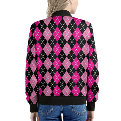 Deep Pink And Black Argyle Pattern Print Women's Bomber Jacket