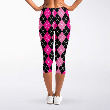 Deep Pink And Black Argyle Pattern Print Women's Capri Leggings