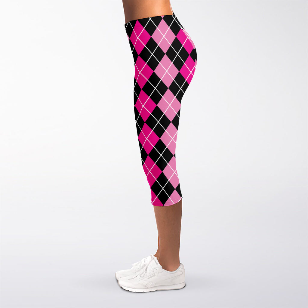 Deep Pink And Black Argyle Pattern Print Women's Capri Leggings