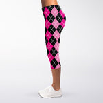 Deep Pink And Black Argyle Pattern Print Women's Capri Leggings