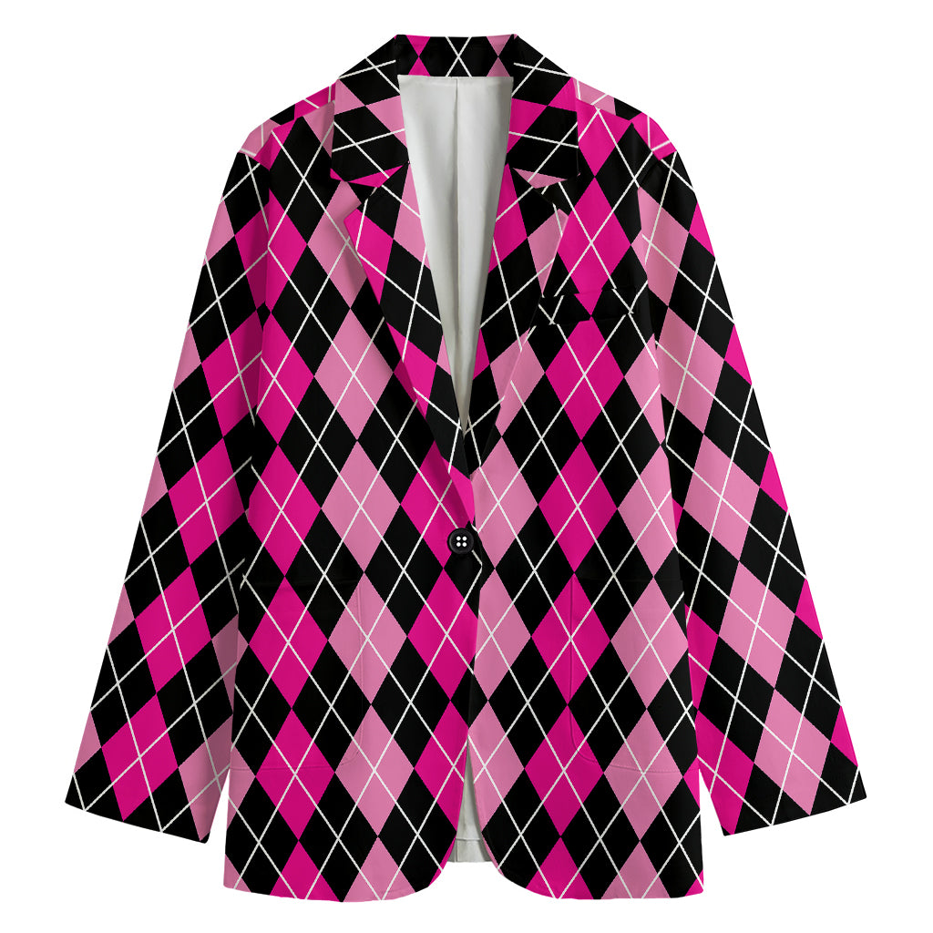 Deep Pink And Black Argyle Pattern Print Women's Cotton Blazer