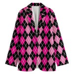 Deep Pink And Black Argyle Pattern Print Women's Cotton Blazer