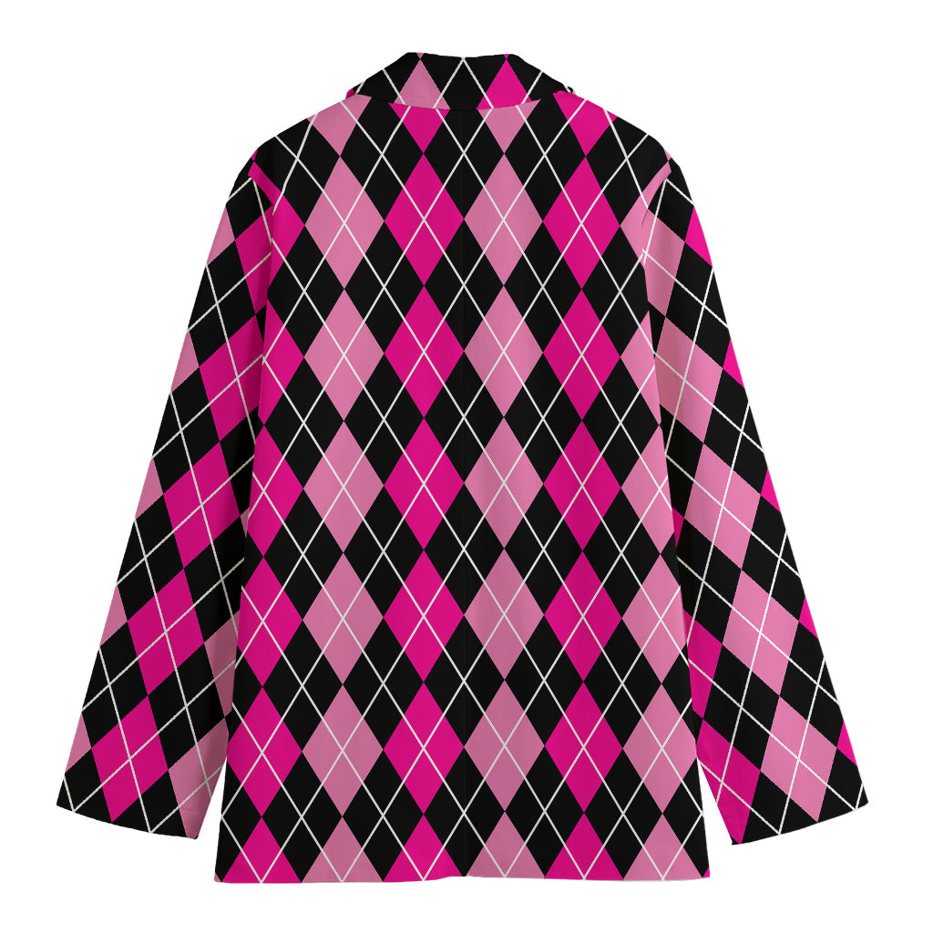 Deep Pink And Black Argyle Pattern Print Women's Cotton Blazer