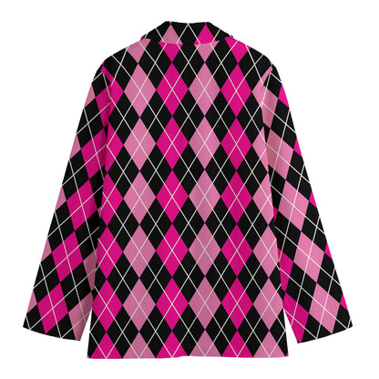 Deep Pink And Black Argyle Pattern Print Women's Cotton Blazer