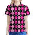 Deep Pink And Black Argyle Pattern Print Women's Polo Shirt