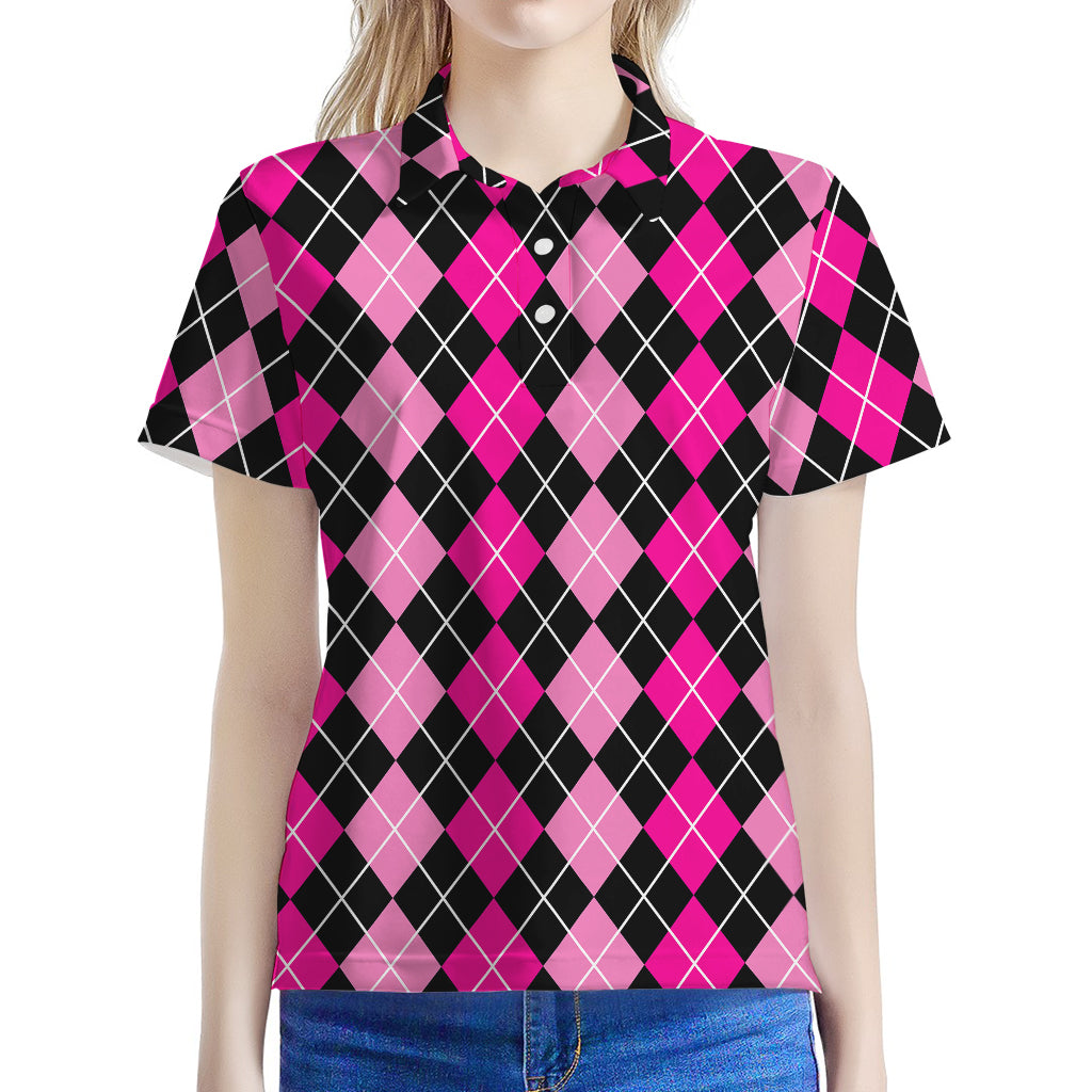 Deep Pink And Black Argyle Pattern Print Women's Polo Shirt