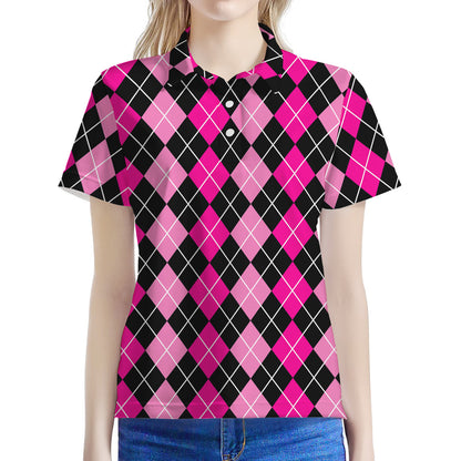 Deep Pink And Black Argyle Pattern Print Women's Polo Shirt