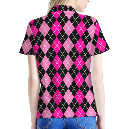 Deep Pink And Black Argyle Pattern Print Women's Polo Shirt
