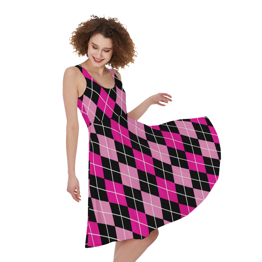 Deep Pink And Black Argyle Pattern Print Women's Sleeveless Dress