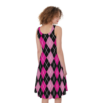 Deep Pink And Black Argyle Pattern Print Women's Sleeveless Dress