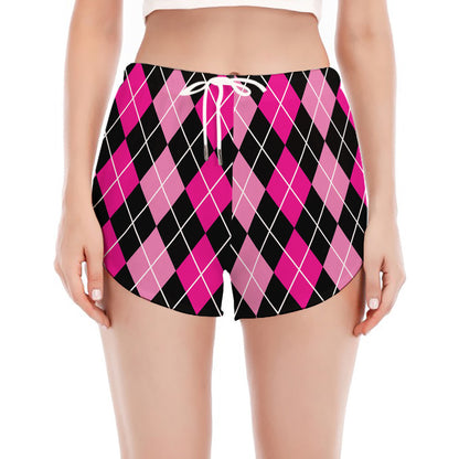 Deep Pink And Black Argyle Pattern Print Women's Split Running Shorts