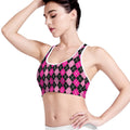 Deep Pink And Black Argyle Pattern Print Women's Sports Bra