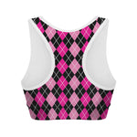 Deep Pink And Black Argyle Pattern Print Women's Sports Bra