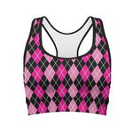 Deep Pink And Black Argyle Pattern Print Women's Sports Bra
