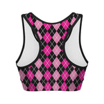 Deep Pink And Black Argyle Pattern Print Women's Sports Bra
