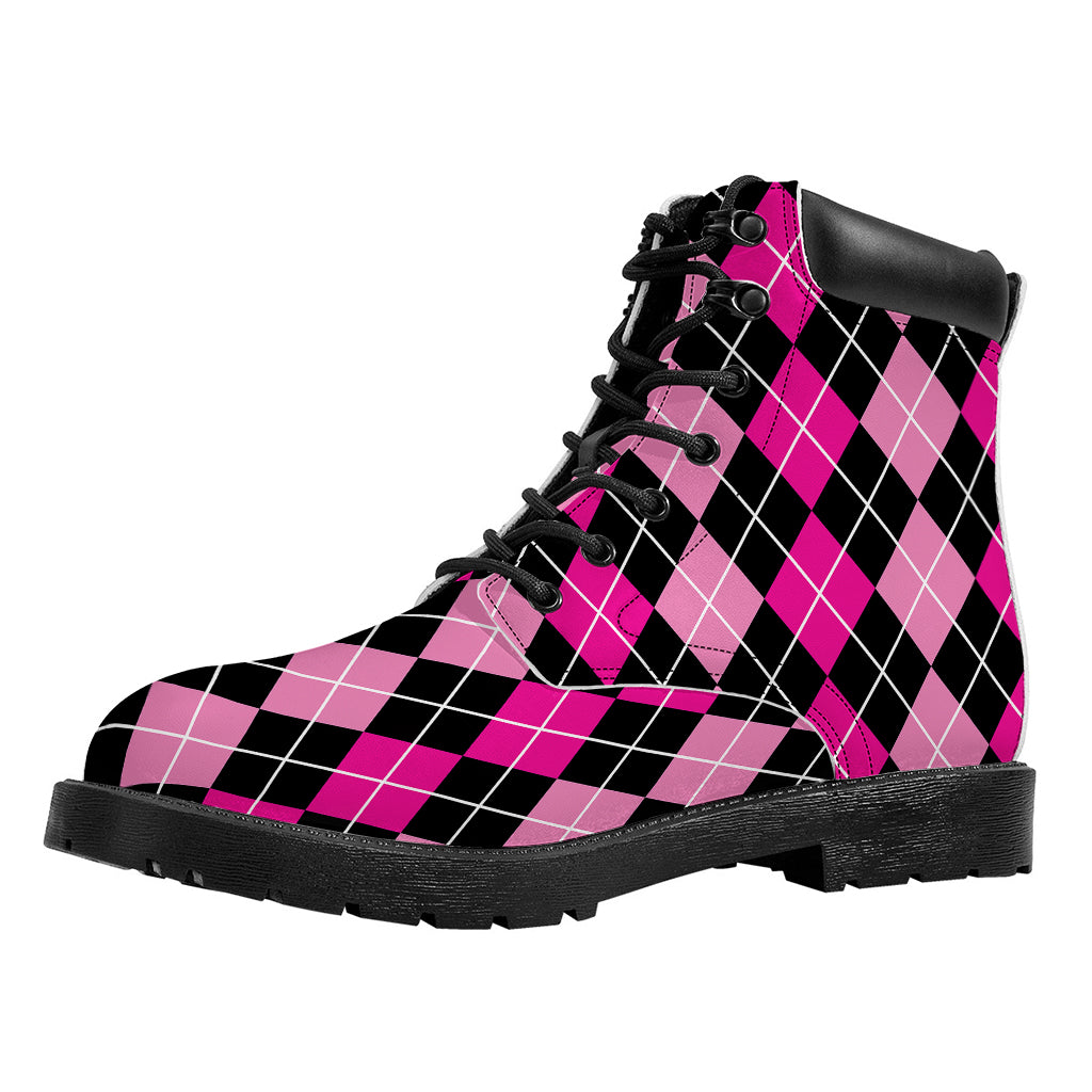 Deep Pink And Black Argyle Pattern Print Work Boots