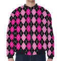 Deep Pink And Black Argyle Pattern Print Zip Sleeve Bomber Jacket