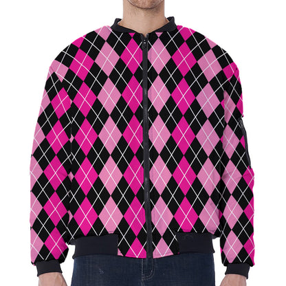 Deep Pink And Black Argyle Pattern Print Zip Sleeve Bomber Jacket