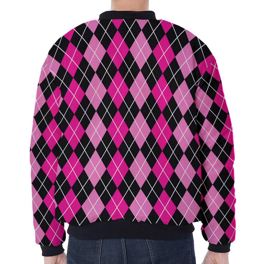 Deep Pink And Black Argyle Pattern Print Zip Sleeve Bomber Jacket