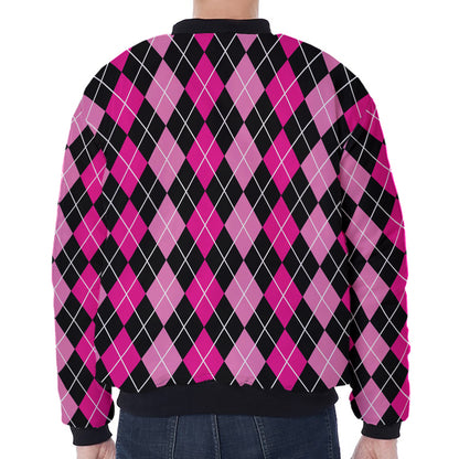 Deep Pink And Black Argyle Pattern Print Zip Sleeve Bomber Jacket
