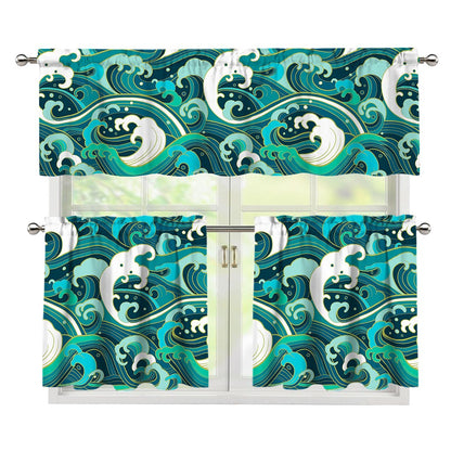 Deep Sea Wave Surfing Pattern Print 3 Piece Kitchen Curtains