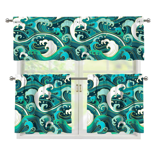 Deep Sea Wave Surfing Pattern Print 3 Piece Kitchen Curtains
