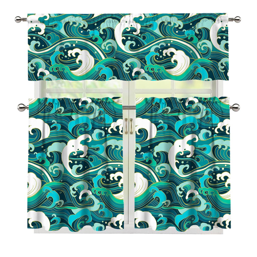 Deep Sea Wave Surfing Pattern Print 3 Piece Kitchen Curtains