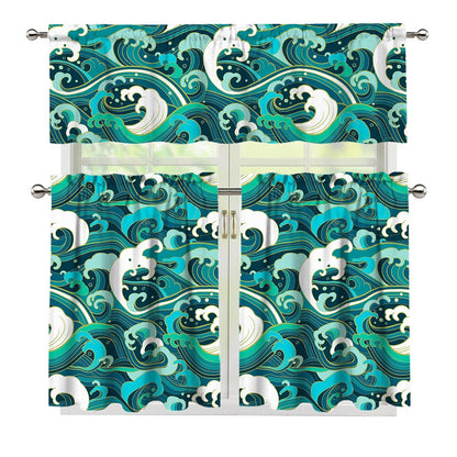 Deep Sea Wave Surfing Pattern Print 3 Piece Kitchen Curtains