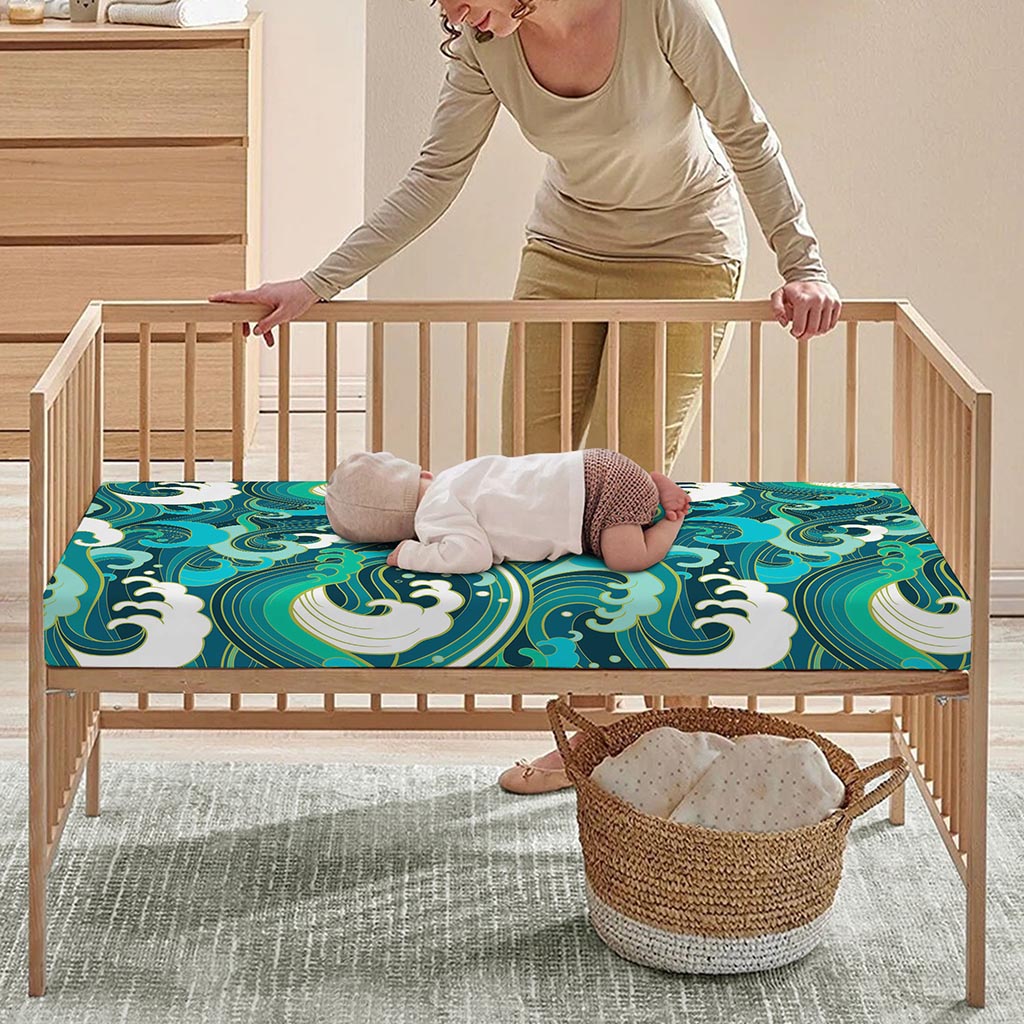 Deep Sea Wave Surfing Pattern Print Baby Crib Sheet