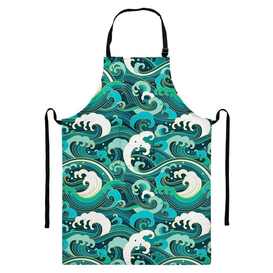 Deep Sea Wave Surfing Pattern Print Bib Apron With Pocket
