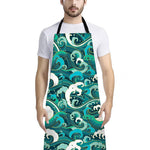 Deep Sea Wave Surfing Pattern Print Bib Apron With Pocket