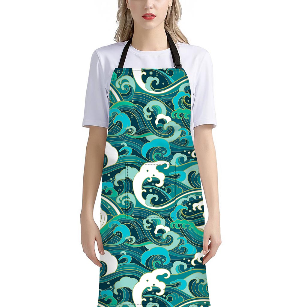 Deep Sea Wave Surfing Pattern Print Bib Apron With Pocket