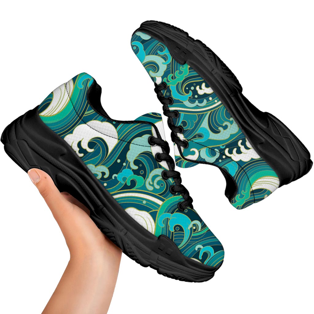 Deep Sea Wave Surfing Pattern Print Black Chunky Shoes