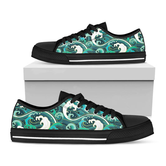 Deep Sea Wave Surfing Pattern Print Black Low Top Sneakers