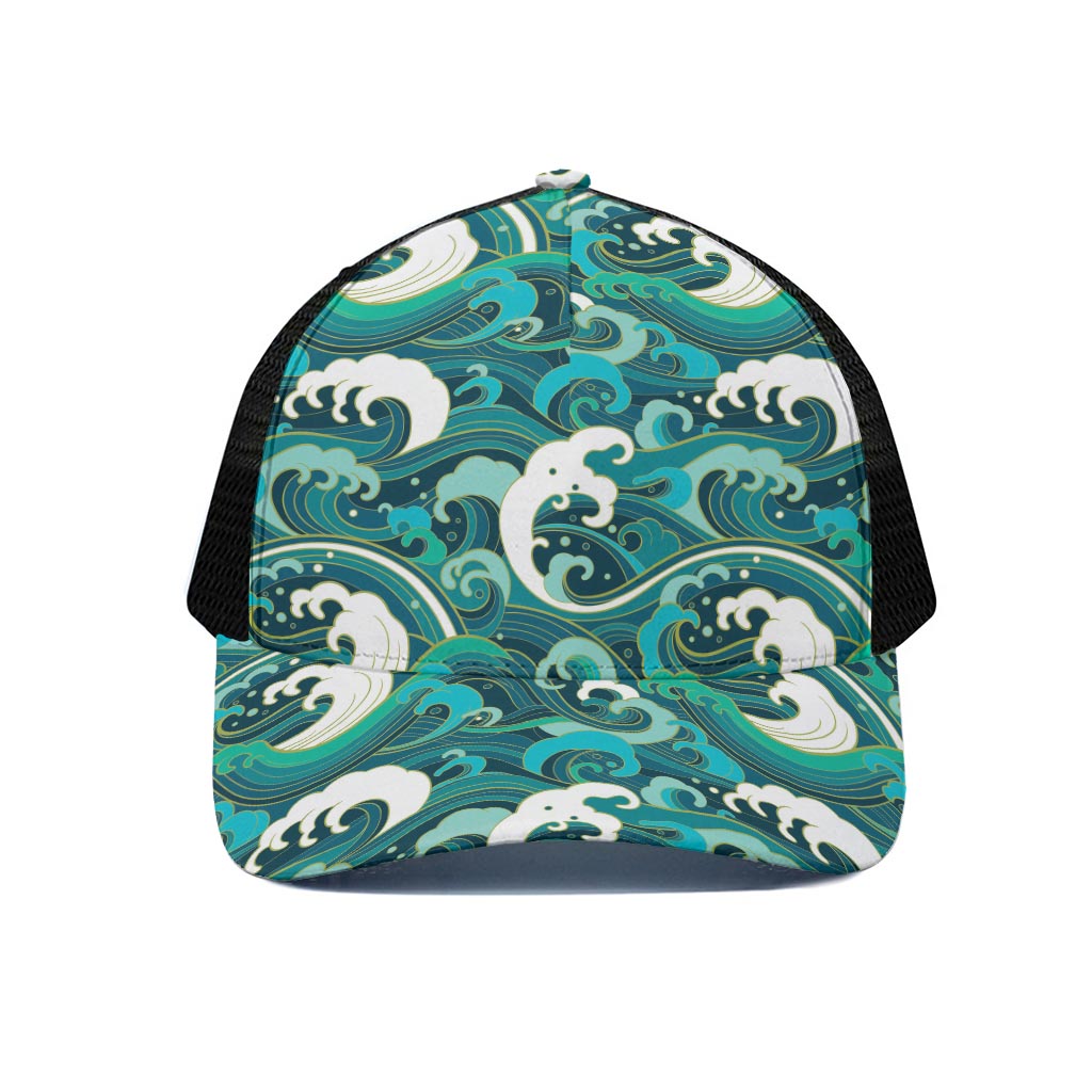 Deep Sea Wave Surfing Pattern Print Black Mesh Trucker Cap