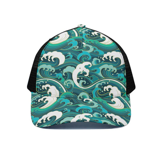 Deep Sea Wave Surfing Pattern Print Black Mesh Trucker Cap