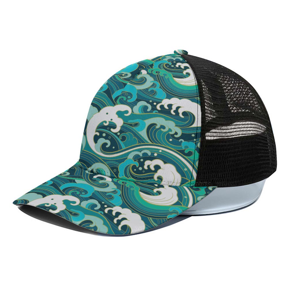Deep Sea Wave Surfing Pattern Print Black Mesh Trucker Cap