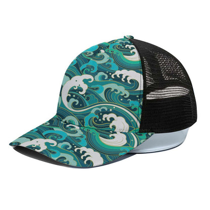 Deep Sea Wave Surfing Pattern Print Black Mesh Trucker Cap