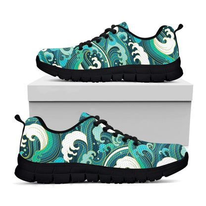Deep Sea Wave Surfing Pattern Print Black Running Shoes
