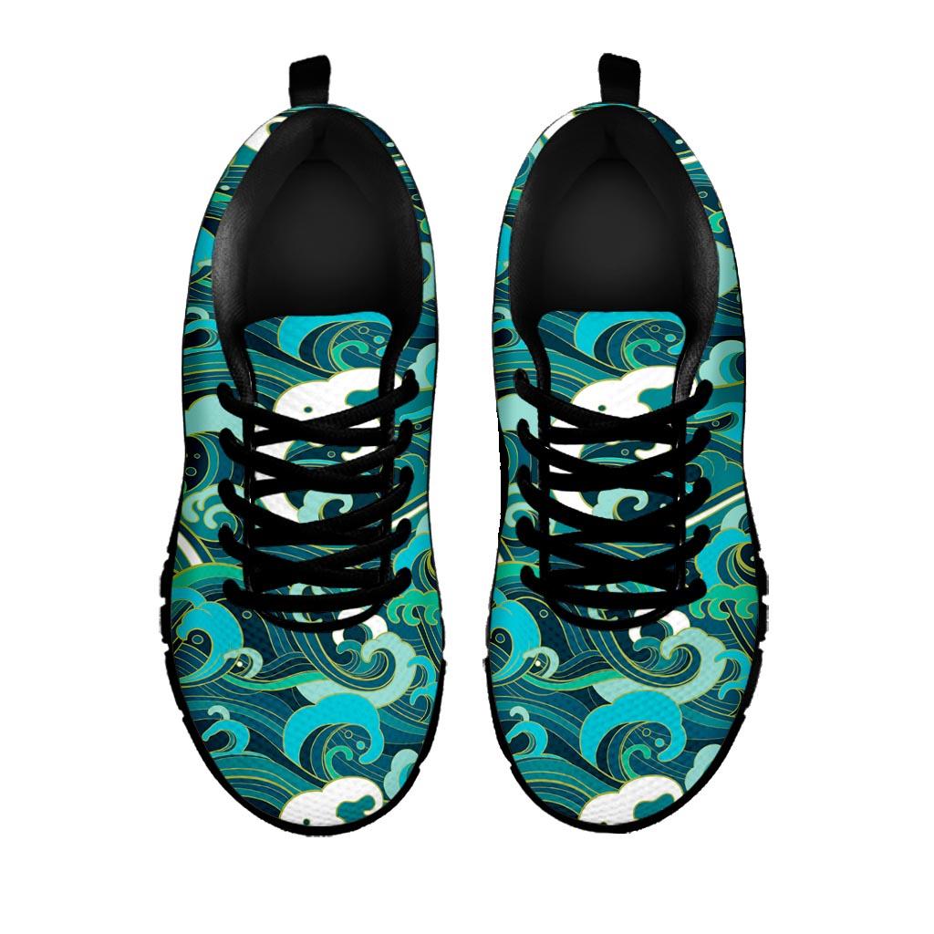 Deep Sea Wave Surfing Pattern Print Black Running Shoes