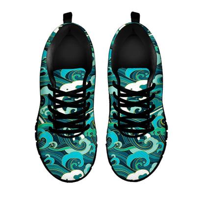 Deep Sea Wave Surfing Pattern Print Black Running Shoes