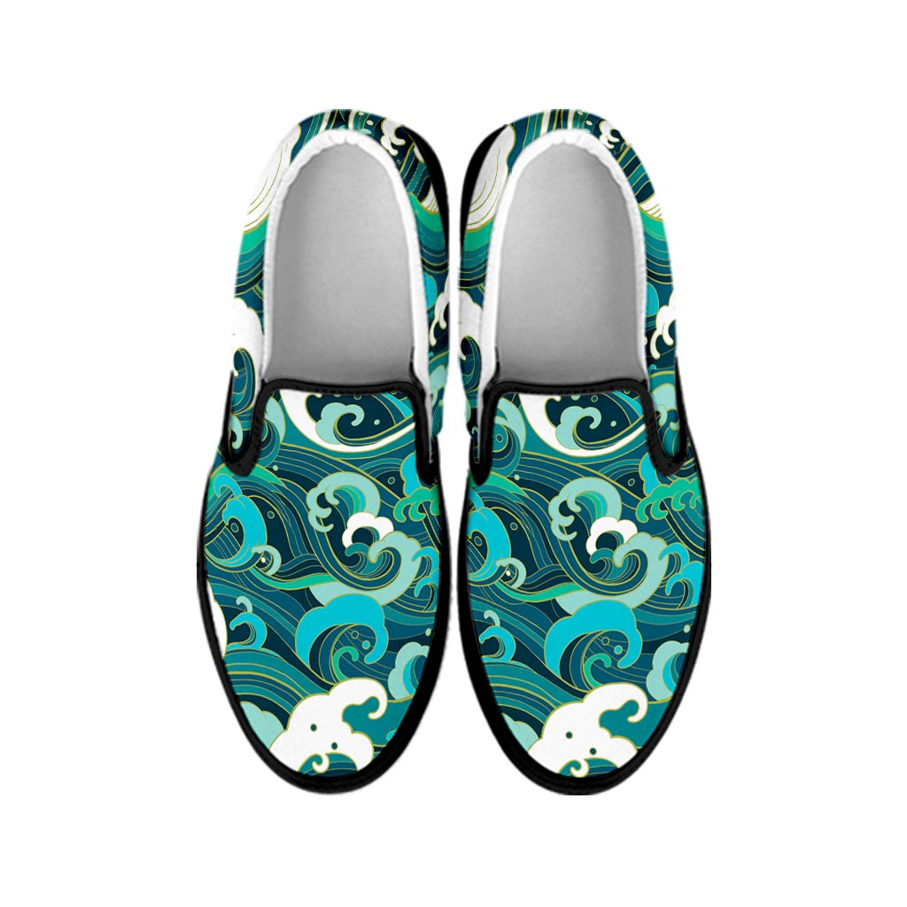 Deep Sea Wave Surfing Pattern Print Black Slip On Sneakers