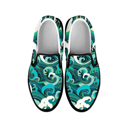 Deep Sea Wave Surfing Pattern Print Black Slip On Sneakers