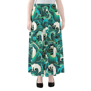 Deep Sea Wave Surfing Pattern Print Chiffon Maxi Skirt