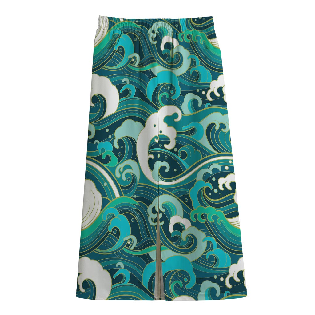 Deep Sea Wave Surfing Pattern Print Cotton Front Slit Maxi Skirt